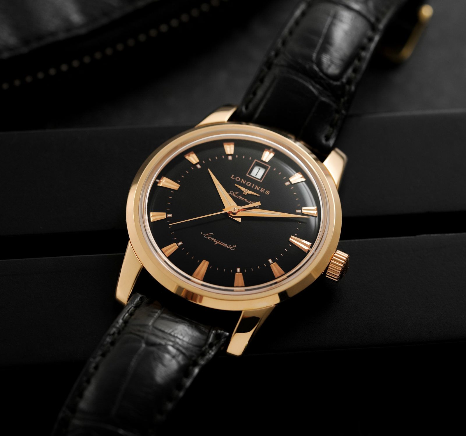 Leather Strap Longines Conquest Heritage Black Dial Longines Conquest  Heritage