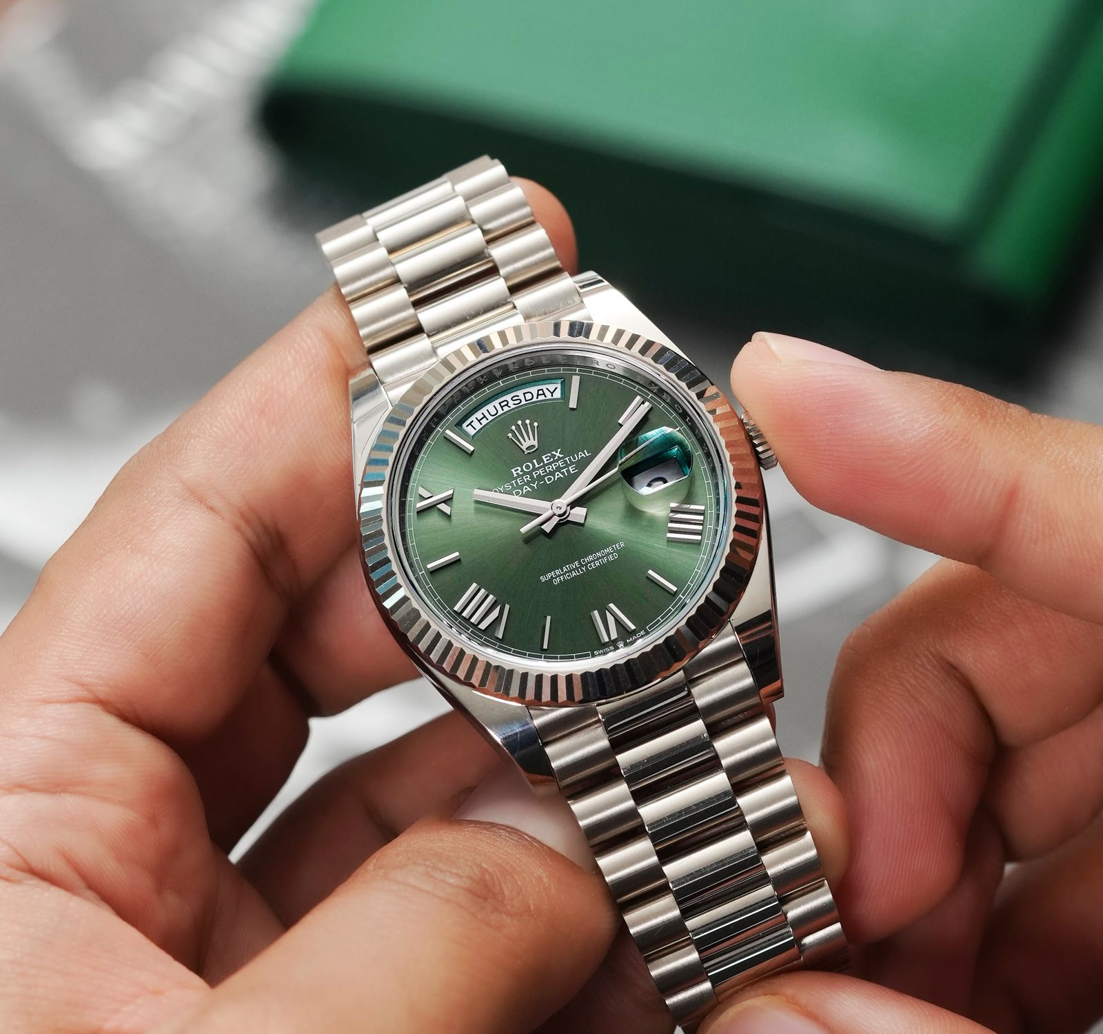 Pre-Owned Rolex Day-Date Men Watch in Green Colour Dial
