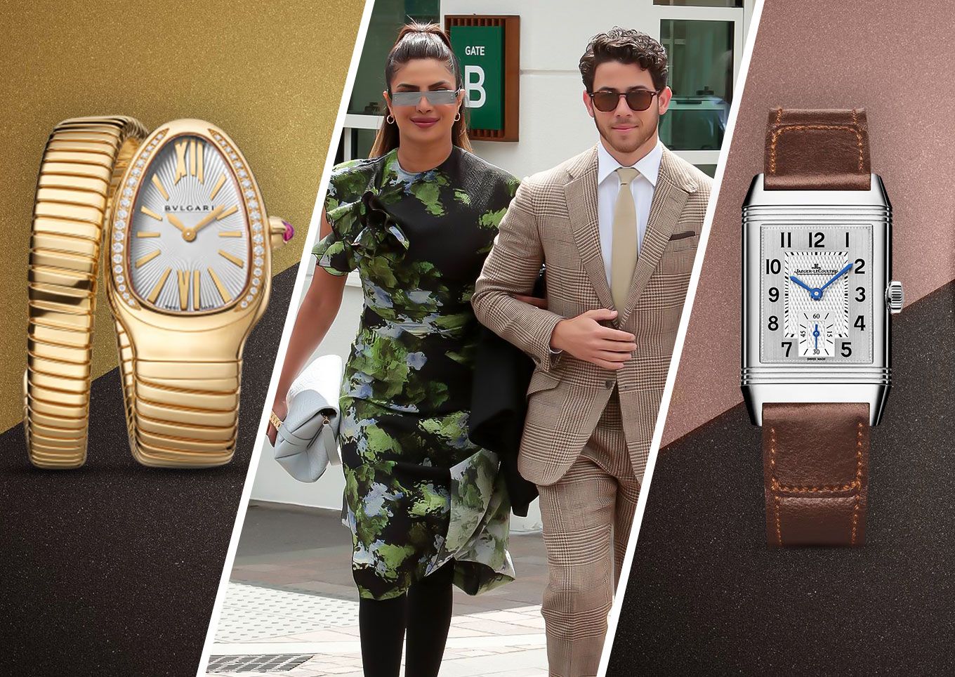 Nick Jonas And Priyanka Chopra arrived at Wimbledon wearing a Jaeger-LeCoultre Reverso Classic Monoface and Bulgari Serpenti, respectively