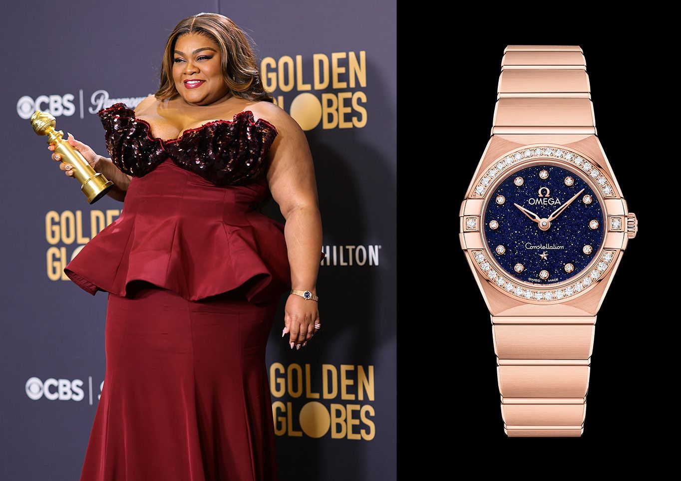 Da’Vine Joy Randolph in 25mm Omega Constellation in full Sedna™ gold