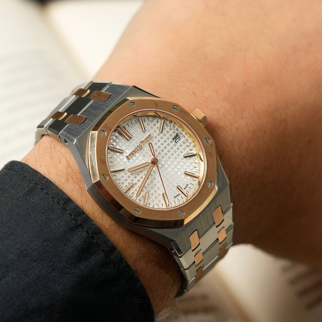 Audemars Piguet Royal Oak two tone watch on wrist close-up