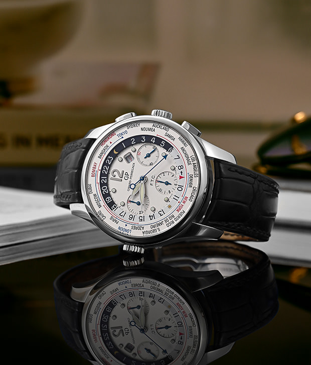 Girard-Perregaux 1966 worldtimer chronograph with black leather strap