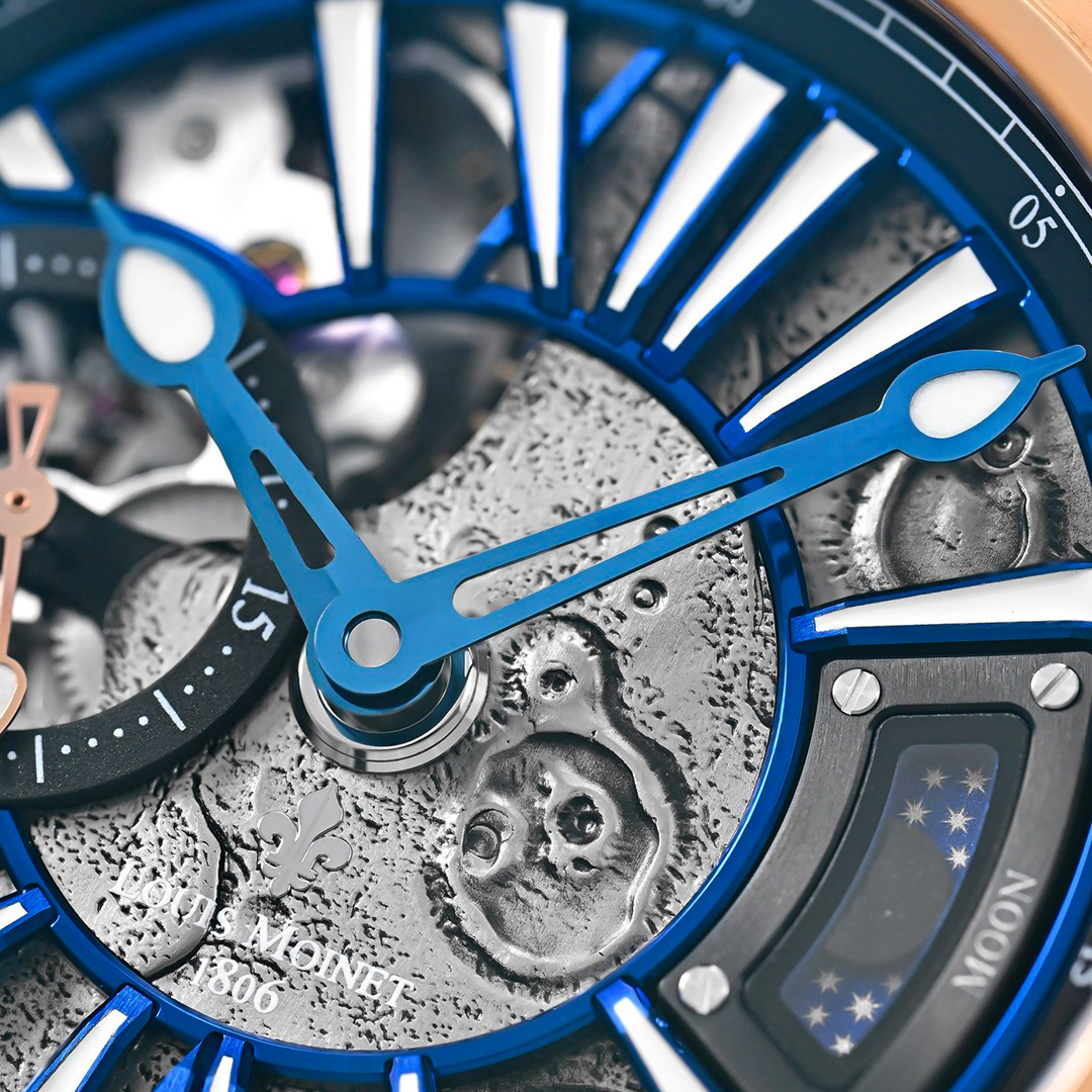 Moon watch with genuine lunar meteorite fragments in a capsule at three o’clock